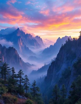 The primary subject of the image is a mountain range with a purple sky in the background. The setting is a mountainous area with a dense forest surrounding the mountains. The visual style is a photo, capturing the beauty of the landscape. The colors and mood of the image are serene and majestic, with the purple sky adding a touch of mystique to the scene.